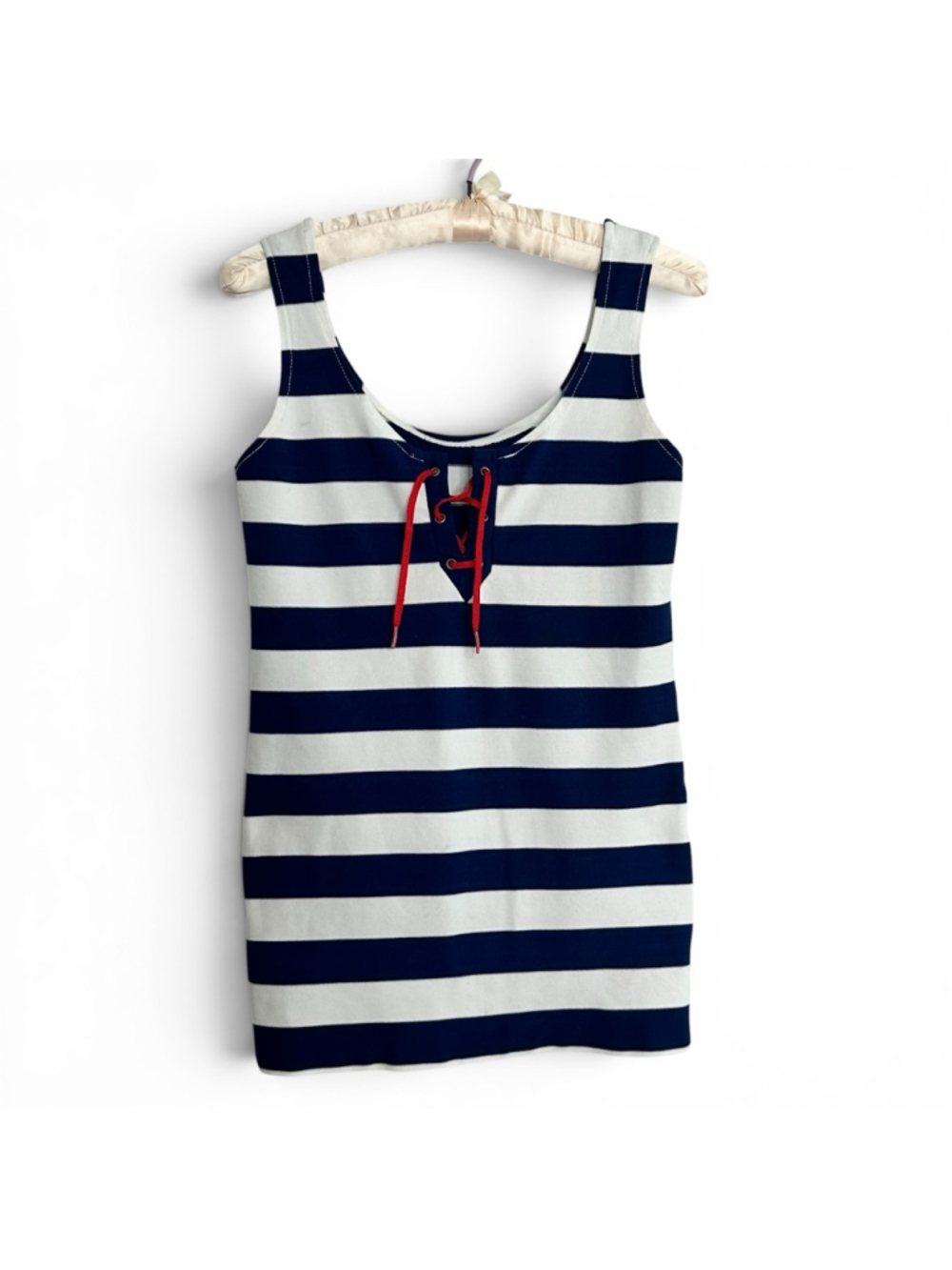 Vintage Nautical Sailor Stripe Tank Blue White Lace Up Rockabilly Pin Up